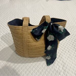 Draper James Tan Tote with Navy Blue Bow